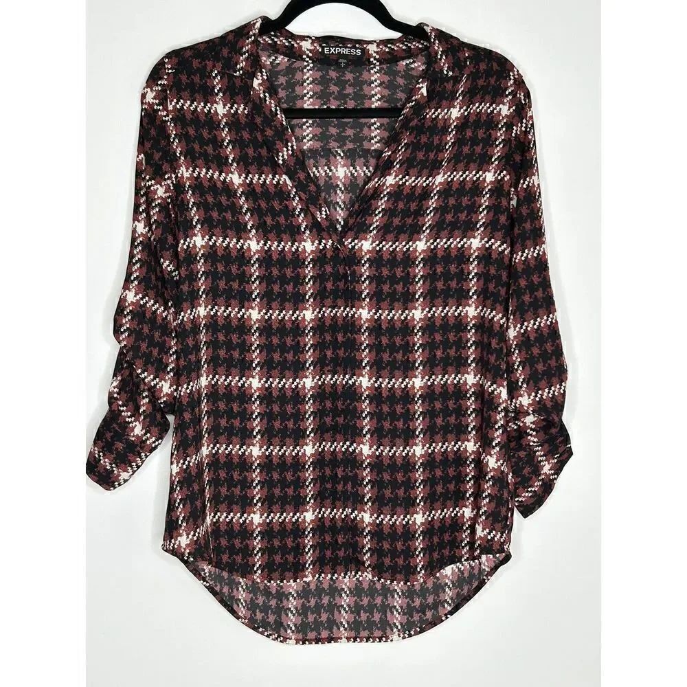 Express Button Down Red Black Plaid Print Top Shirt Blouse Size S